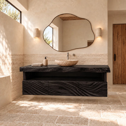 Floating Natural Wood Bathroom Vanity with Wave-Carved Drawers and Live-Edge Top - Woodenecho - 11