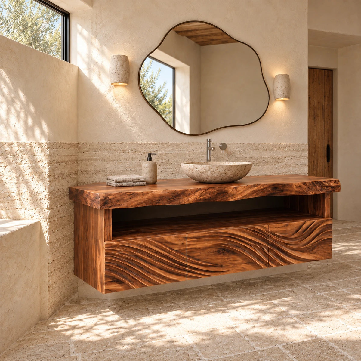 Floating Natural Wood Bathroom Vanity with Wave-Carved Drawers and Live-Edge Top - Woodenecho - 2