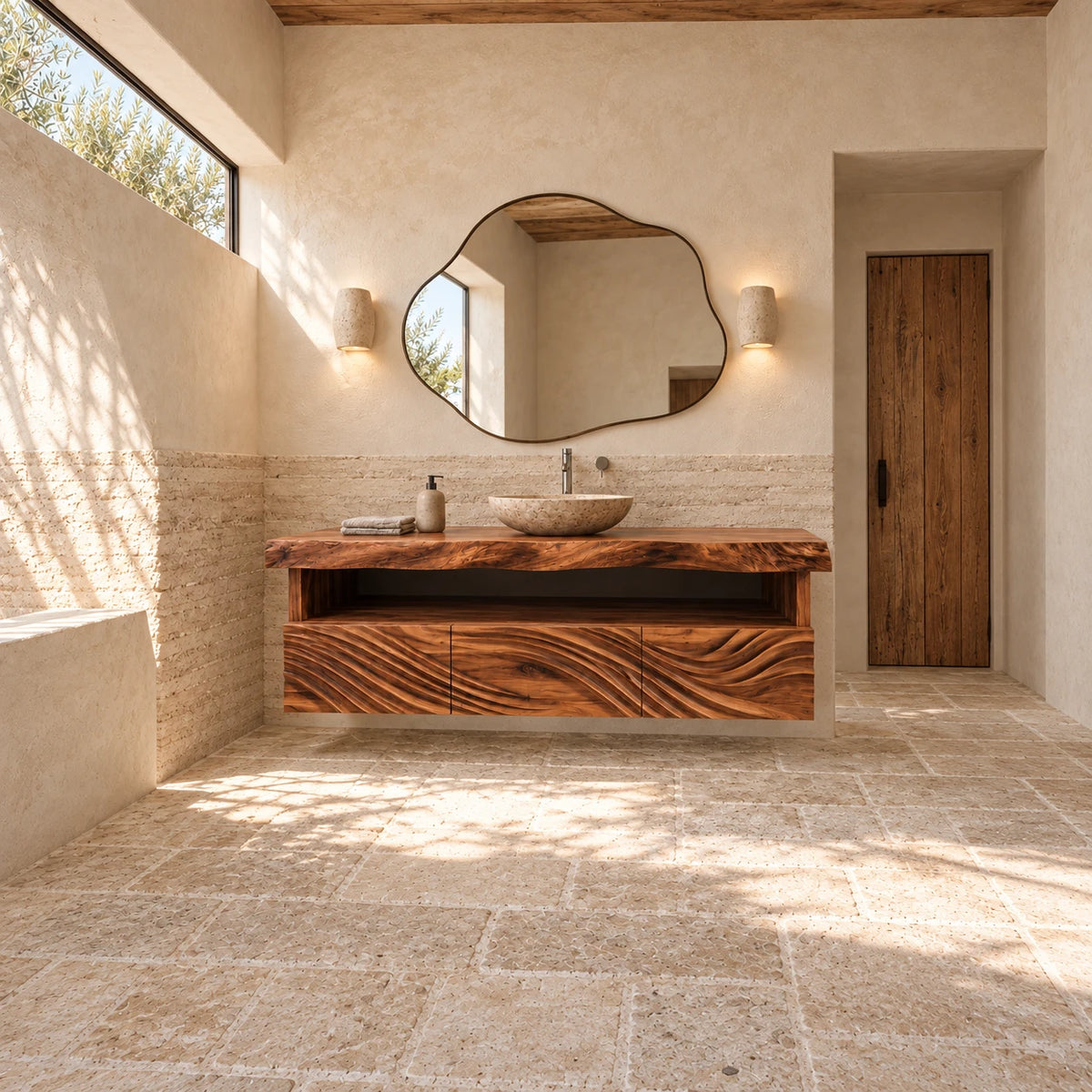 Floating Natural Wood Bathroom Vanity with Wave-Carved Drawers and Live-Edge Top - Woodenecho - 3
