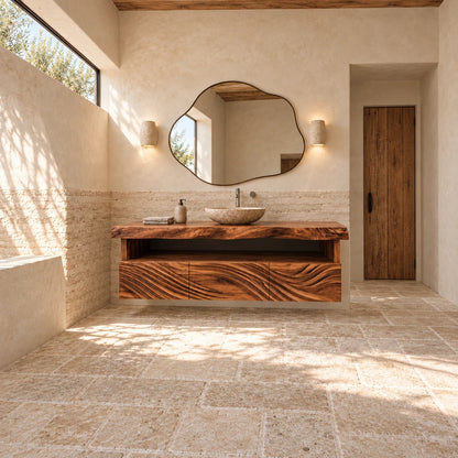 Floating Natural Wood Bathroom Vanity with Wave-Carved Drawers and Live-Edge Top - Woodenecho - 3