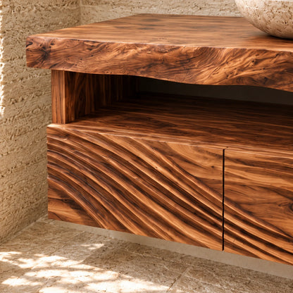 Floating Natural Wood Bathroom Vanity with Wave-Carved Drawers and Live-Edge Top - Woodenecho - 4