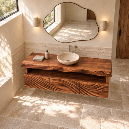 Floating Natural Wood Bathroom Vanity with Wave-Carved Drawers and Live-Edge Top - Woodenecho - 5