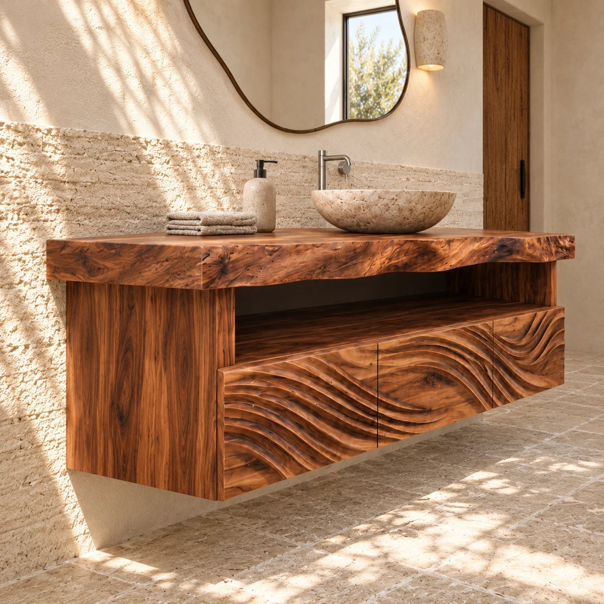 Floating Natural Wood Bathroom Vanity with Wave-Carved Drawers and Live-Edge Top - Woodenecho - 6