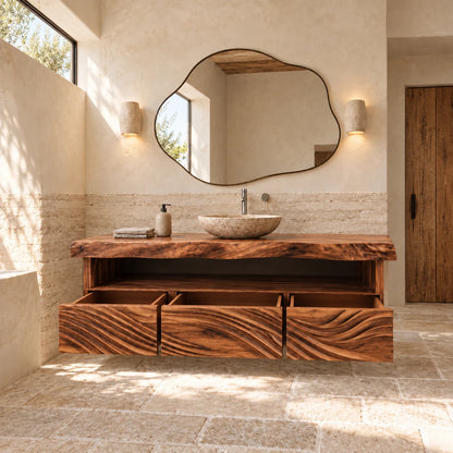 Floating Natural Wood Bathroom Vanity with Wave-Carved Drawers and Live-Edge Top - Woodenecho - 7