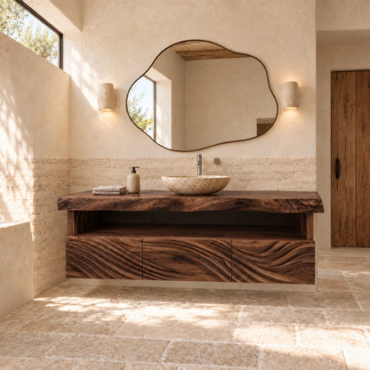Floating Natural Wood Bathroom Vanity with Wave-Carved Drawers and Live-Edge Top - Woodenecho - 9