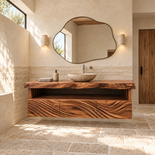 Floating Natural Wood Bathroom Vanity with Wave-Carved Drawers and Live-Edge Top - Woodenecho