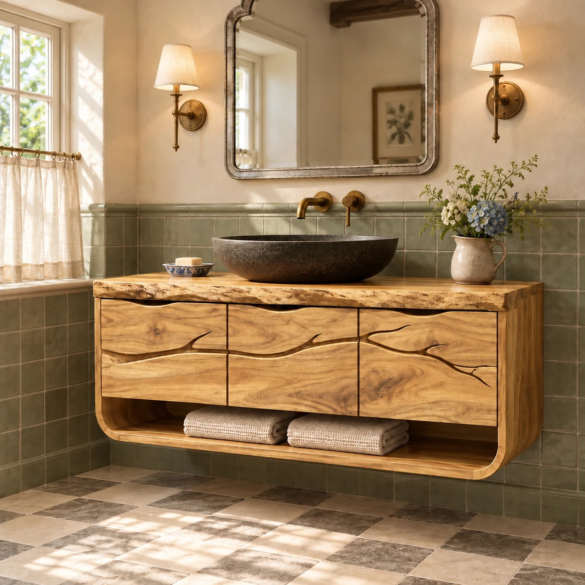 Floating Single Bathroom Vanity with Sink, Branch-Carved Doors and Live-Edge Top - Woodenecho - 10