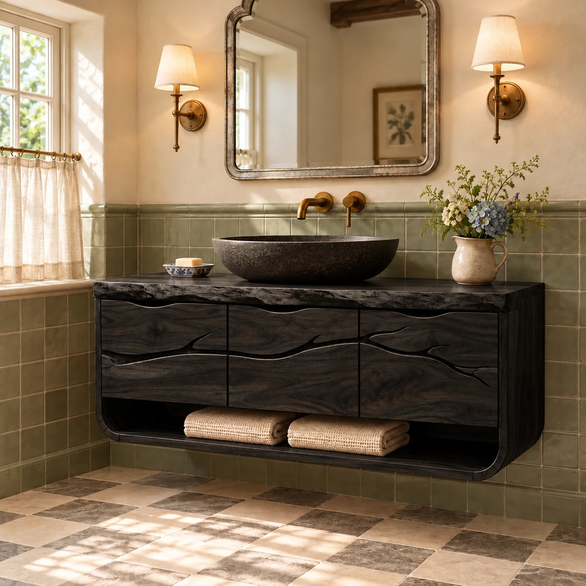 Floating Single Bathroom Vanity with Sink, Branch-Carved Doors and Live-Edge Top - Woodenecho - 11