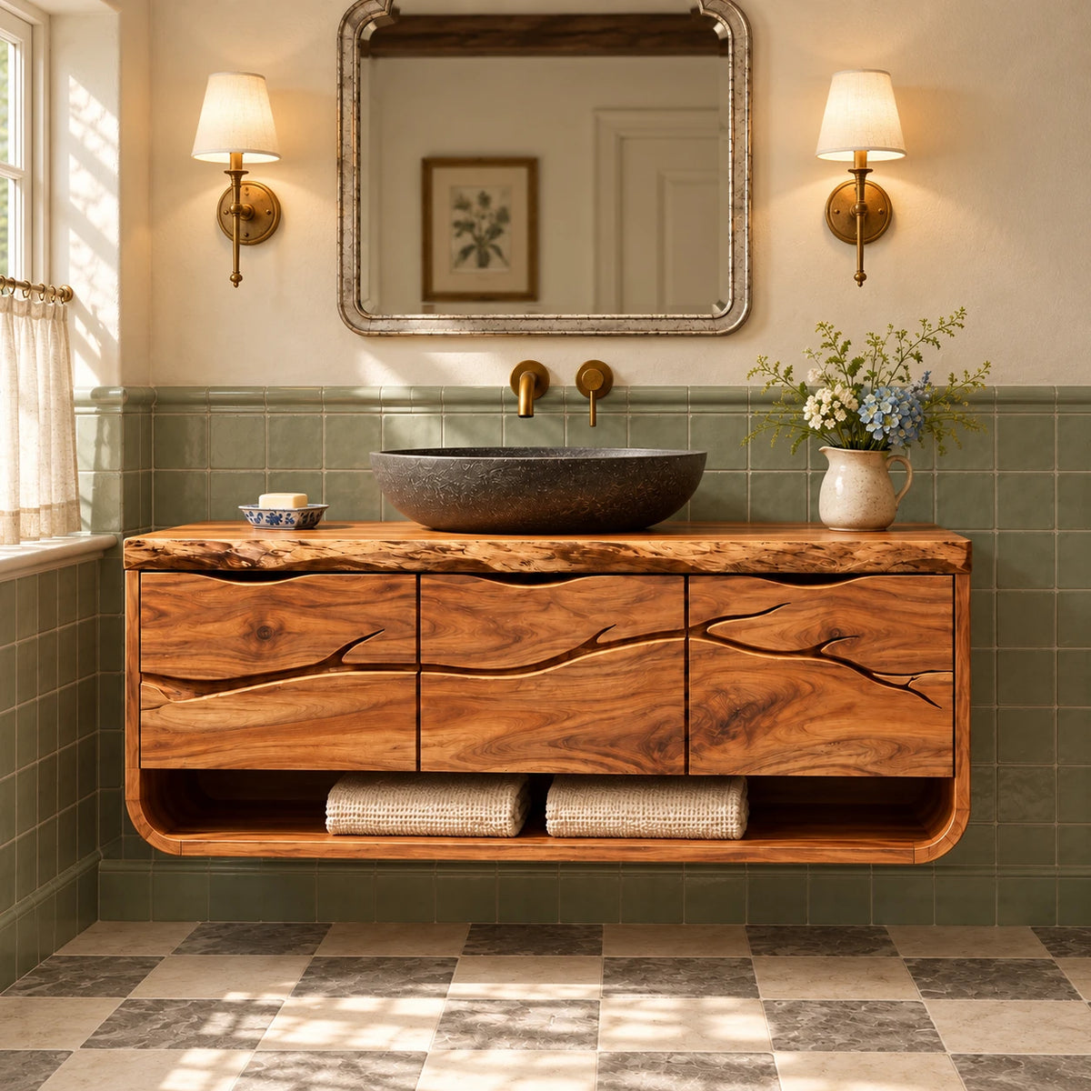 Floating Single Bathroom Vanity with Sink, Branch-Carved Doors and Live-Edge Top - Woodenecho - 2