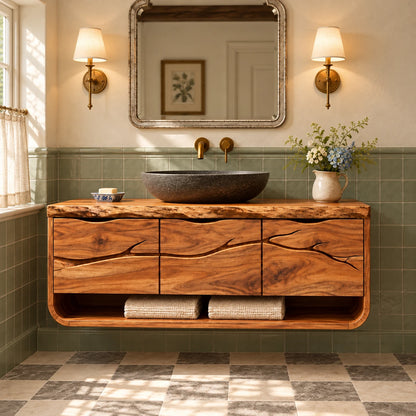 Floating Single Bathroom Vanity with Sink, Branch-Carved Doors and Live-Edge Top - Woodenecho - 2