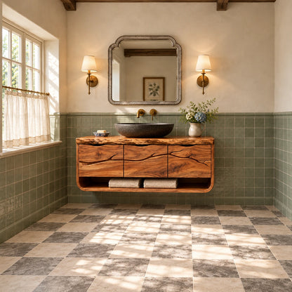 Floating Single Bathroom Vanity with Sink, Branch-Carved Doors and Live-Edge Top - Woodenecho - 3