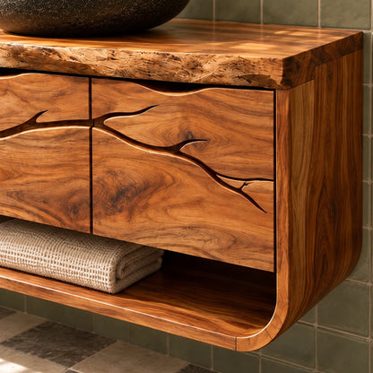 Floating Single Bathroom Vanity with Sink, Branch-Carved Doors and Live-Edge Top - Woodenecho - 4