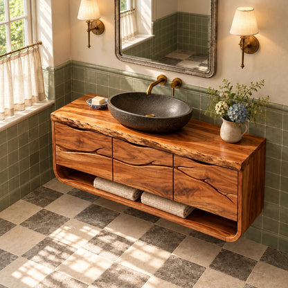 Floating Single Bathroom Vanity with Sink, Branch-Carved Doors and Live-Edge Top - Woodenecho - 5