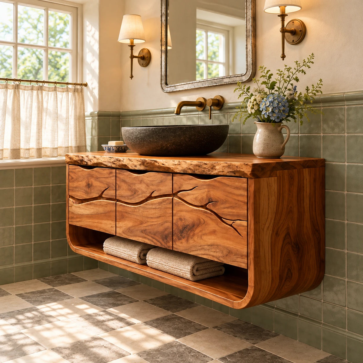 Floating Single Bathroom Vanity with Sink, Branch-Carved Doors and Live-Edge Top - Woodenecho - 6