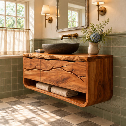 Floating Single Bathroom Vanity with Sink, Branch-Carved Doors and Live-Edge Top - Woodenecho - 6