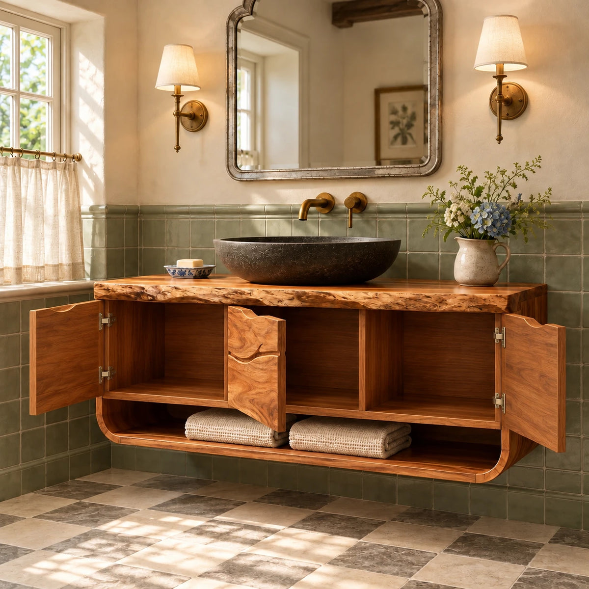 Floating Single Bathroom Vanity with Sink, Branch-Carved Doors and Live-Edge Top - Woodenecho - 7