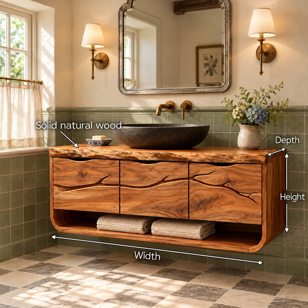 Floating Single Bathroom Vanity with Sink, Branch-Carved Doors and Live-Edge Top - Woodenecho - 8