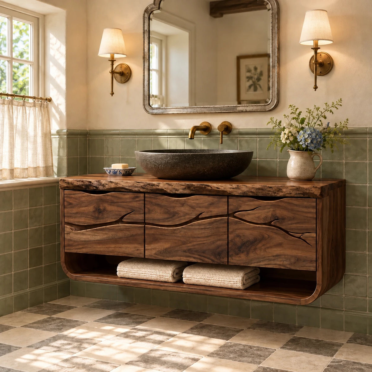 Floating Single Bathroom Vanity with Sink, Branch-Carved Doors and Live-Edge Top - Woodenecho - 9