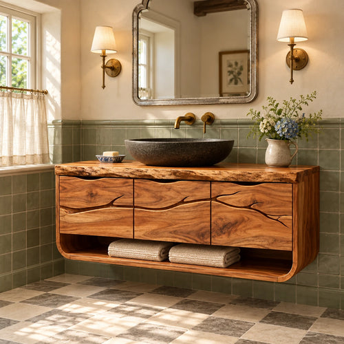 Floating Single Bathroom Vanity with Sink, Branch-Carved Doors and Live-Edge Top - Woodenecho