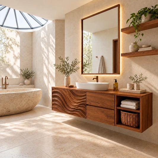 Floating Solid Wood Bathroom Vanity, Wave-Carved Door, Drawers and Open Cubbies - Woodenecho