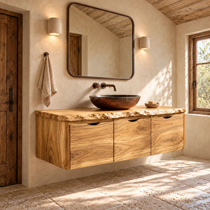 Floating Solid Wood Bathroom Vanity with Finger-Pull Doors and Live-Edge Slab - Woodenecho - 10