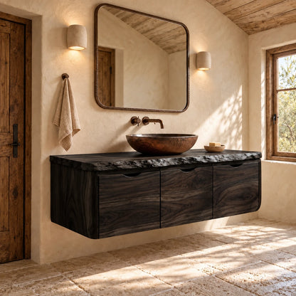 Floating Solid Wood Bathroom Vanity with Finger-Pull Doors and Live-Edge Slab - Woodenecho - 11