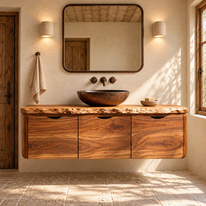 Floating Solid Wood Bathroom Vanity with Finger-Pull Doors and Live-Edge Slab - Woodenecho - 2