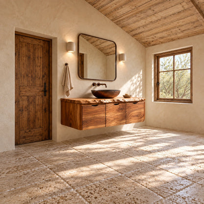 Floating Solid Wood Bathroom Vanity with Finger-Pull Doors and Live-Edge Slab - Woodenecho - 3