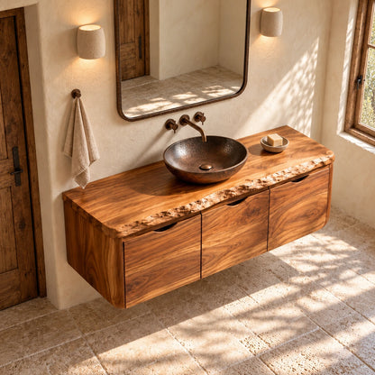 Floating Solid Wood Bathroom Vanity with Finger-Pull Doors and Live-Edge Slab - Woodenecho - 5