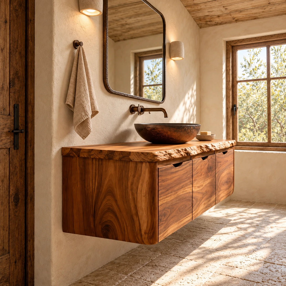 Floating Solid Wood Bathroom Vanity with Finger-Pull Doors and Live-Edge Slab - Woodenecho - 6