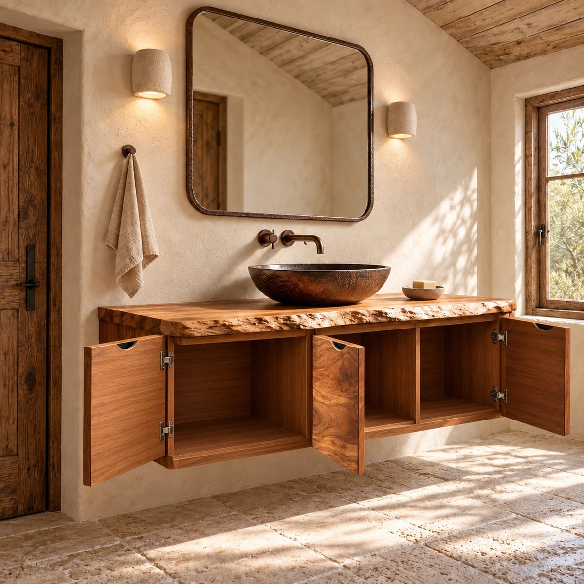 Floating Solid Wood Bathroom Vanity with Finger-Pull Doors and Live-Edge Slab - Woodenecho - 7