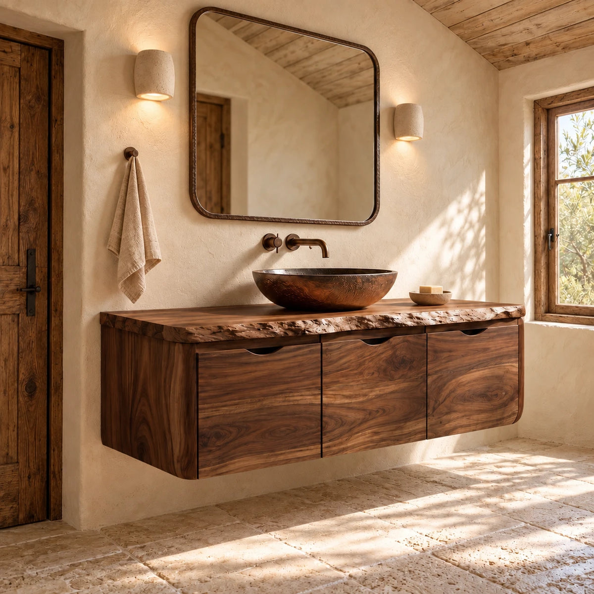 Floating Solid Wood Bathroom Vanity with Finger-Pull Doors and Live-Edge Slab - Woodenecho - 9