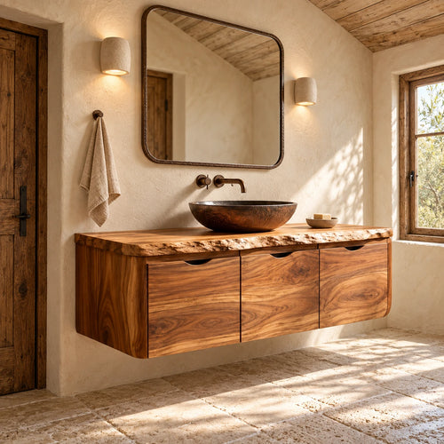 Floating Solid Wood Bathroom Vanity with Finger-Pull Doors and Live-Edge Slab - Woodenecho