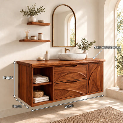 Floating Solid Wood Bathroom Vanity with Live-Edge Top, Drawers and Open Shelf - Woodenecho - 10