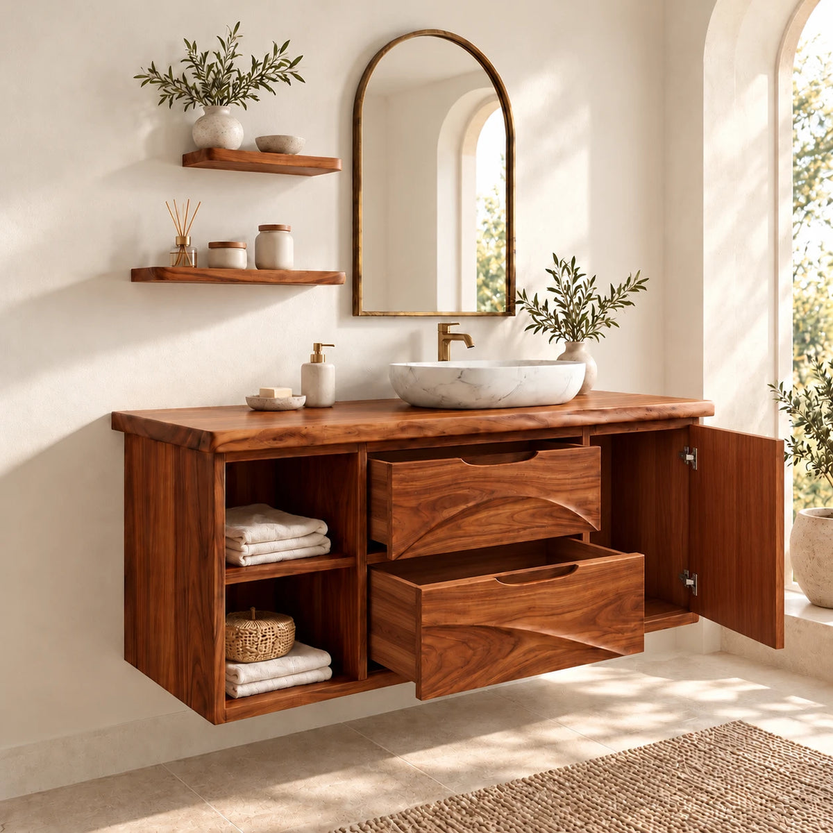 Floating Solid Wood Bathroom Vanity with Live-Edge Top, Drawers and Open Shelf - Woodenecho - 11