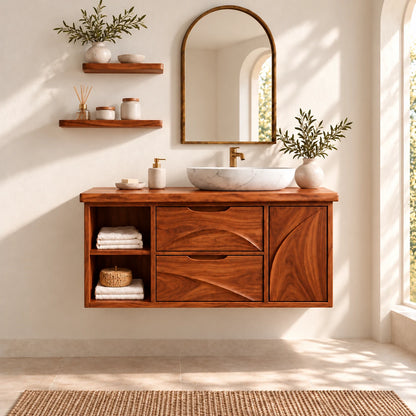 Floating Solid Wood Bathroom Vanity with Live-Edge Top, Drawers and Open Shelf - Woodenecho - 12