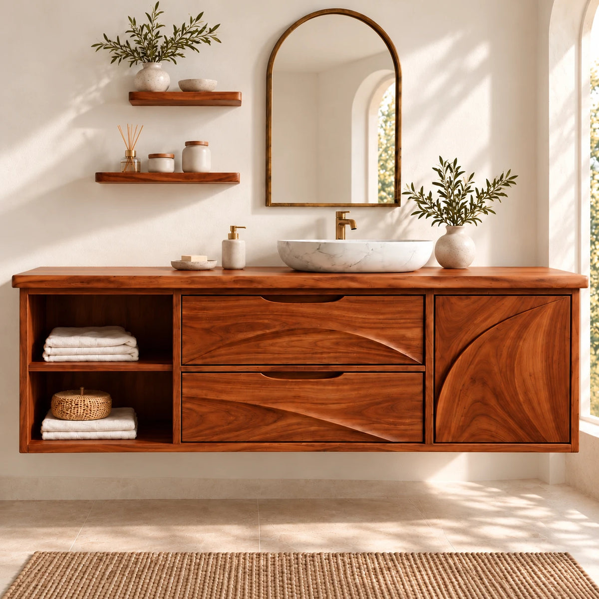 Floating Solid Wood Bathroom Vanity with Live-Edge Top, Drawers and Open Shelf - Woodenecho - 13