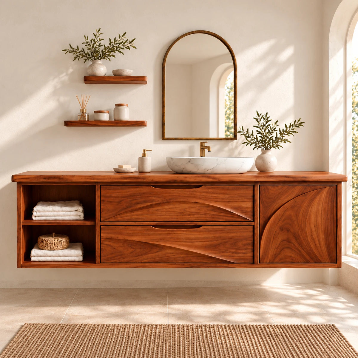 Floating Solid Wood Bathroom Vanity with Live-Edge Top, Drawers and Open Shelf - Woodenecho - 14