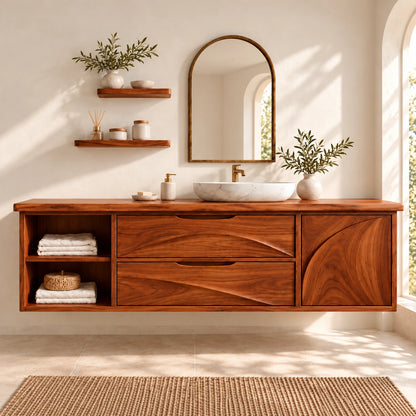 Floating Solid Wood Bathroom Vanity with Live-Edge Top, Drawers and Open Shelf - Woodenecho - 14