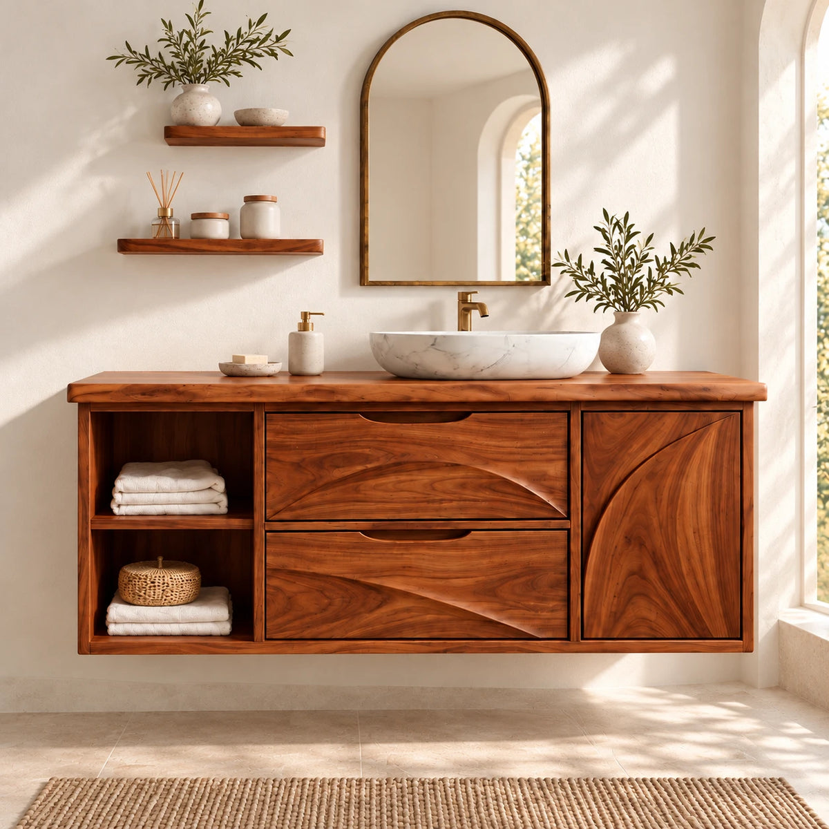 Floating Solid Wood Bathroom Vanity with Live-Edge Top, Drawers and Open Shelf - Woodenecho - 2
