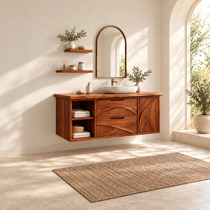 Floating Solid Wood Bathroom Vanity with Live-Edge Top, Drawers and Open Shelf - Woodenecho - 3