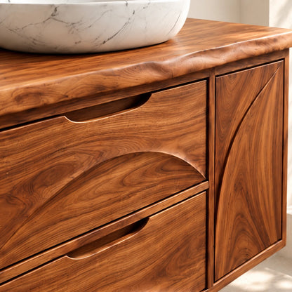 Floating Solid Wood Bathroom Vanity with Live-Edge Top, Drawers and Open Shelf - Woodenecho - 4