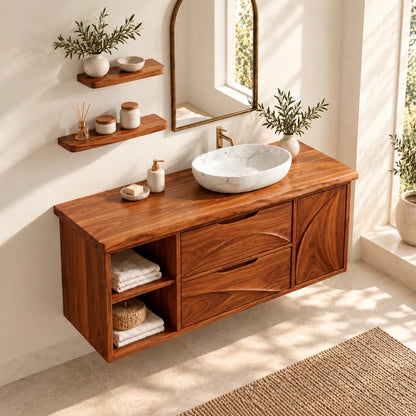 Floating Solid Wood Bathroom Vanity with Live-Edge Top, Drawers and Open Shelf - Woodenecho - 5