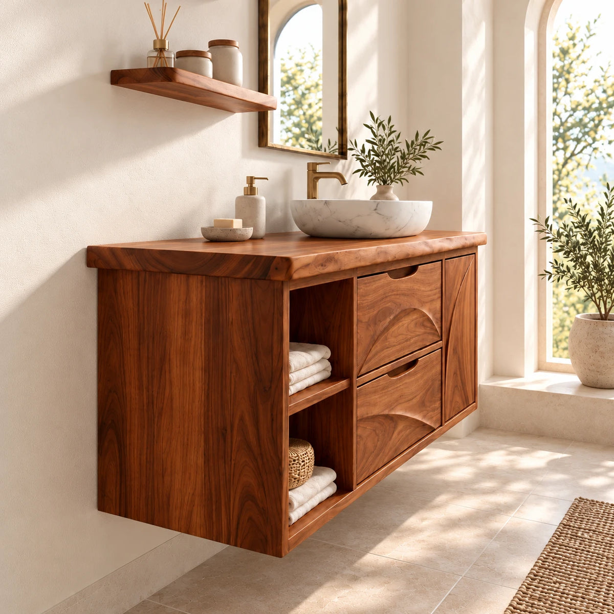 Floating Solid Wood Bathroom Vanity with Live-Edge Top, Drawers and Open Shelf - Woodenecho - 6