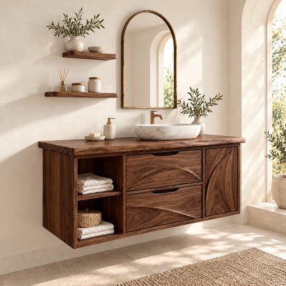 Floating Solid Wood Bathroom Vanity with Live-Edge Top, Drawers and Open Shelf - Woodenecho - 7