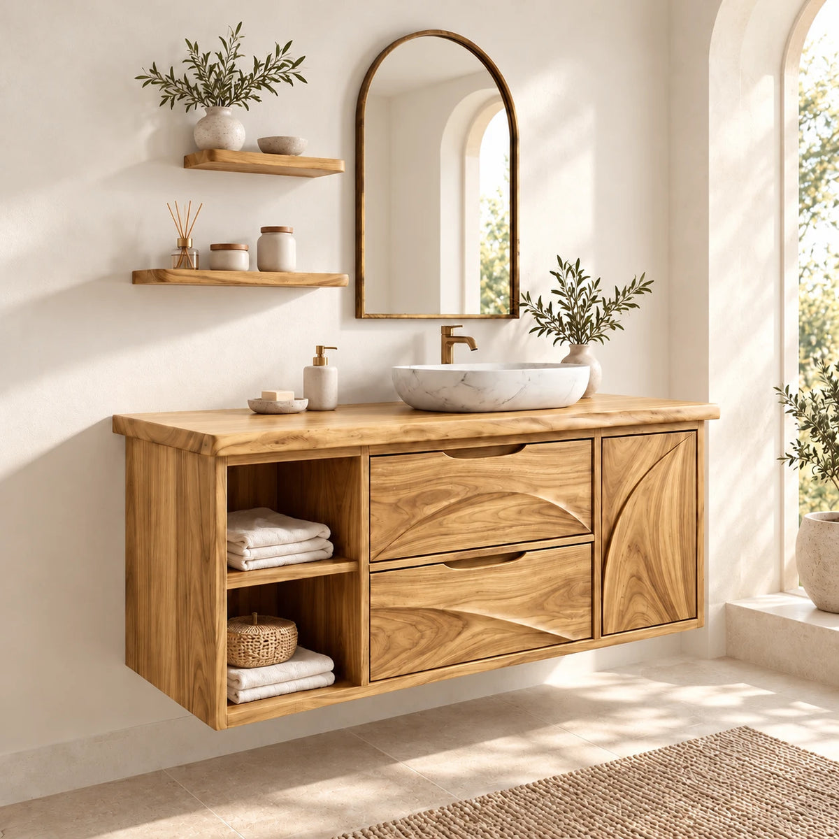 Floating Solid Wood Bathroom Vanity with Live-Edge Top, Drawers and Open Shelf - Woodenecho - 8