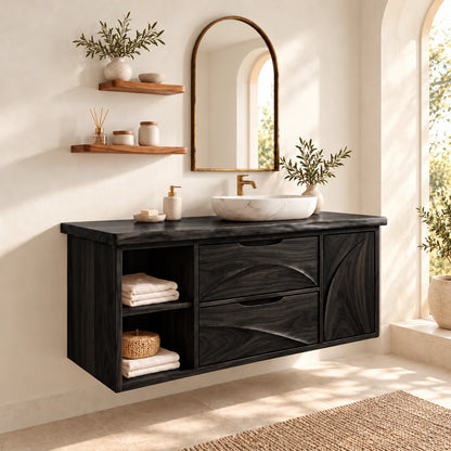 Floating Solid Wood Bathroom Vanity with Live-Edge Top, Drawers and Open Shelf - Woodenecho - 9