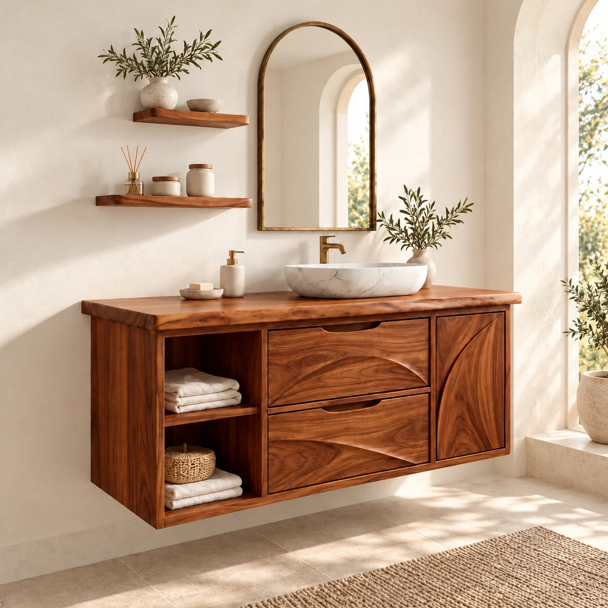 Floating Solid Wood Bathroom Vanity with Live-Edge Top, Drawers and Open Shelf - Woodenecho