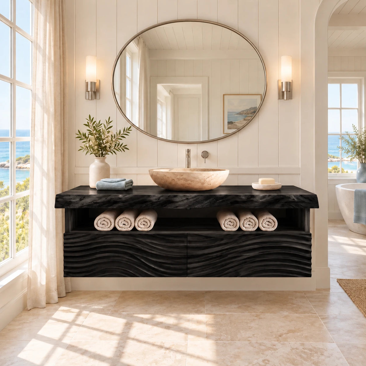 Floating Solid Wood Bathroom Vanity with Wave-Carved Twin Doors and Towel Shelf - Woodenecho - 11
