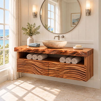 Floating Solid Wood Bathroom Vanity with Wave-Carved Twin Doors and Towel Shelf - Woodenecho - 2